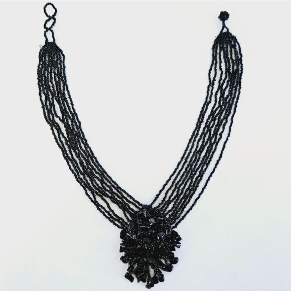Vintage Seed Beaded Multi Strand Cluster Black Onyx Statement Collar Necklace - Picture 7 of 10